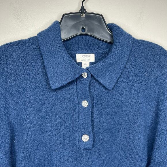 J.Crew Women's XL Extra Soft Rhinestone Button Long Sleeve Polo Sweater Navy Top - Picture 4 of 9